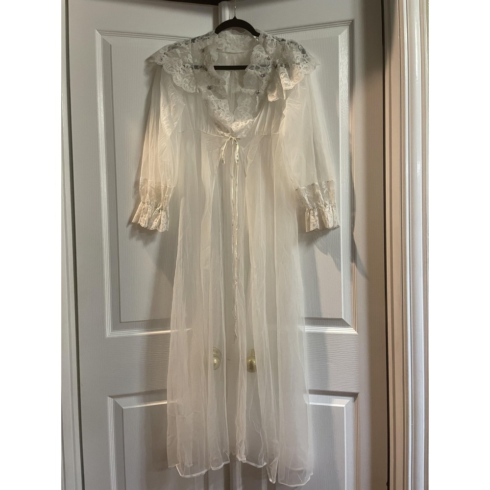 Vintage Sheer Robe Womens Medium White Nylon Lace Kimono Peignoir Floral USA